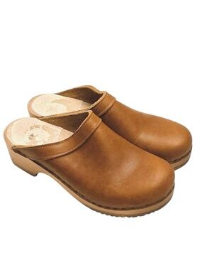 Sven OG Swedish Clog Brown Leather Low Wooden Heel Open Back Size-EU 38/US 7.5-8